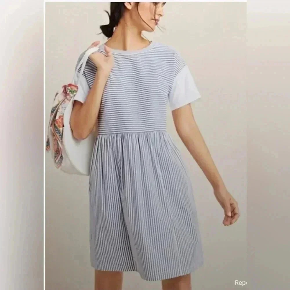 Woman ANTHROPOLOGIE Sunday Striped Blue White Gray S/s Seersucker Dress Sz XS